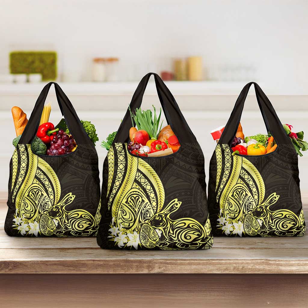 Yellow Polynesia Easter Day Grocery Bag Eggs With Bunny Polynesian Pattern