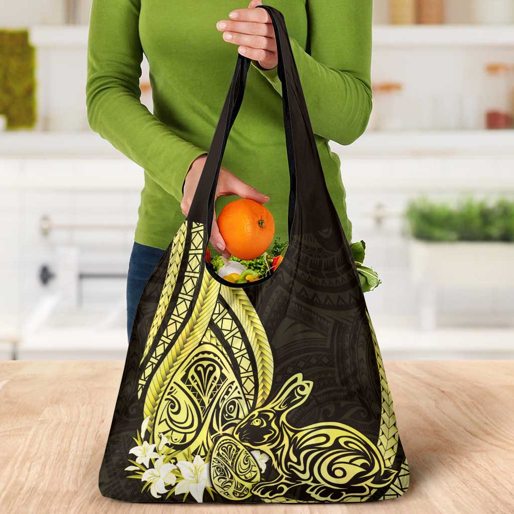 Yellow Polynesia Easter Day Grocery Bag Eggs With Bunny Polynesian Pattern