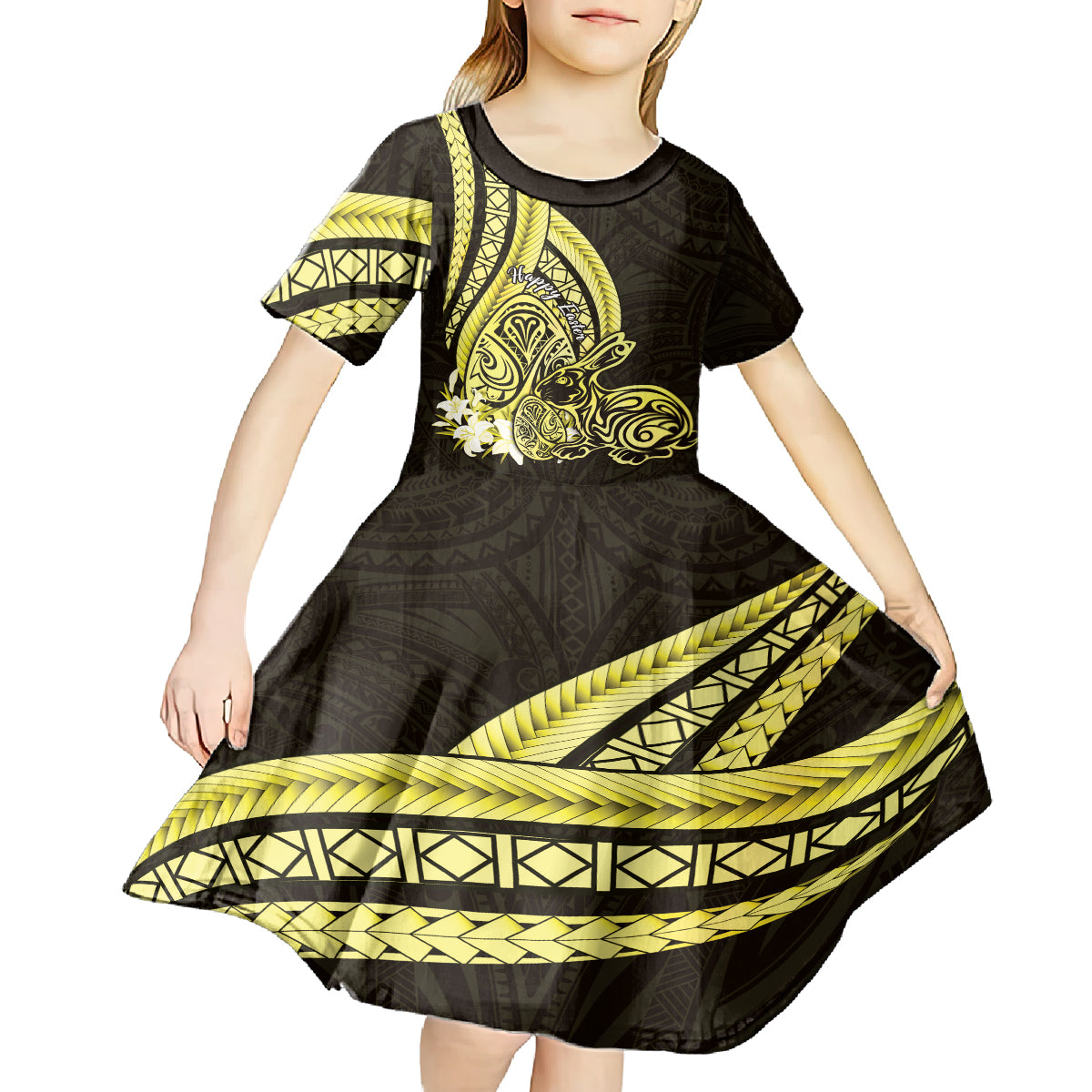 Yellow Polynesia Easter Day Kid Short Sleeve Dress Eggs With Bunny Polynesian Pattern