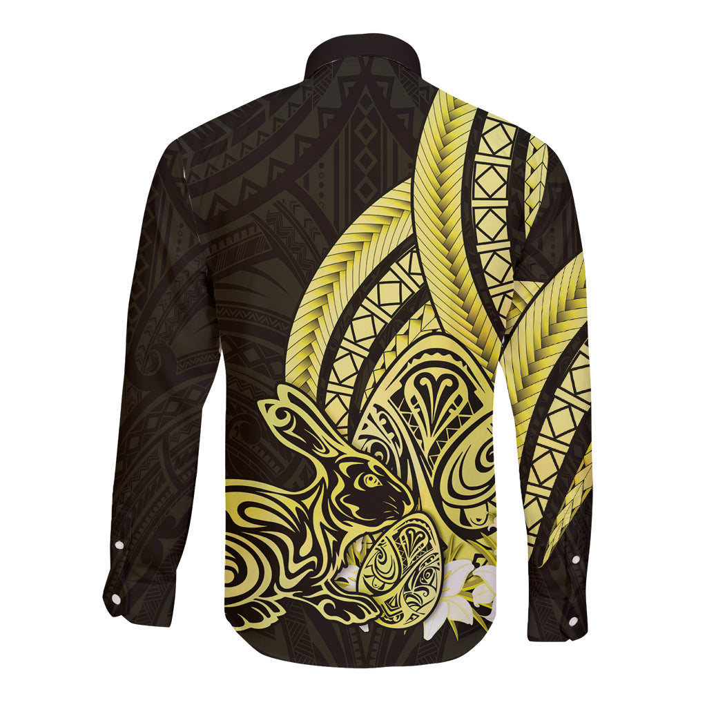 Yellow Polynesia Easter Day Long Sleeve Button Shirt Eggs With Bunny Polynesian Pattern