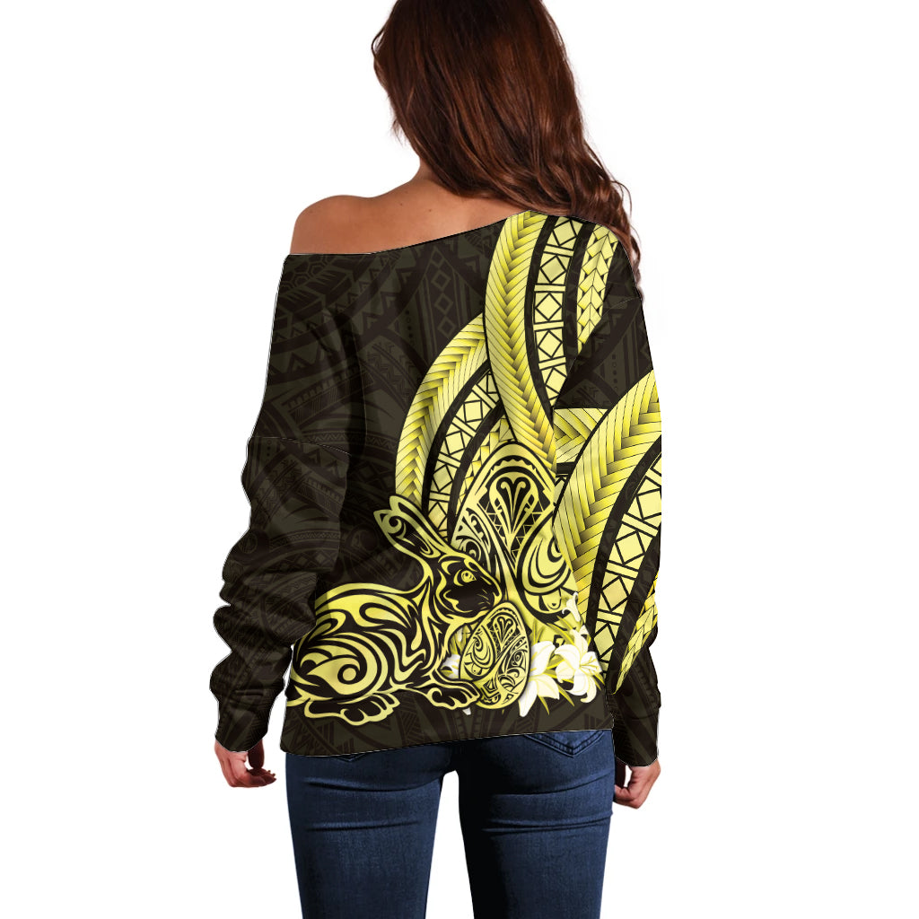 Yellow Polynesia Easter Day Off Shoulder Sweater Eggs With Bunny Polynesian Pattern