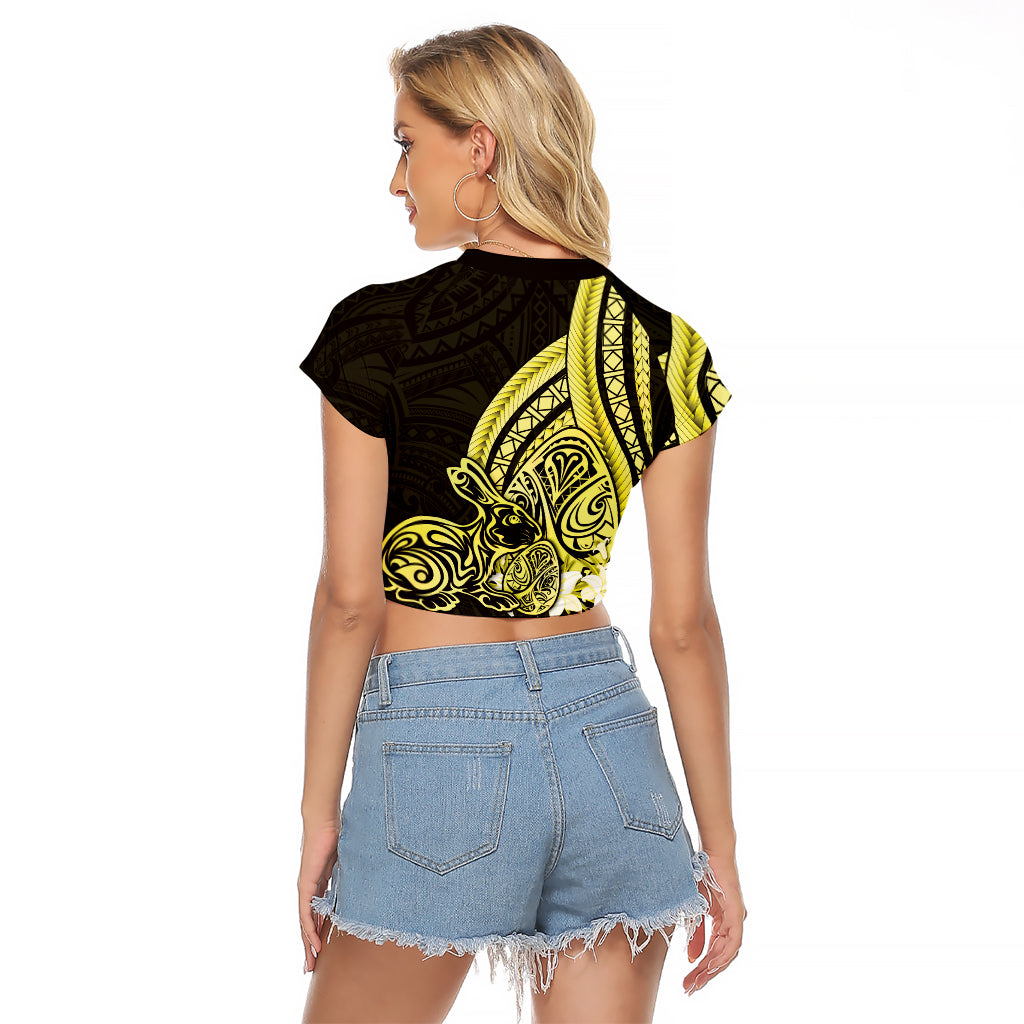 Yellow Polynesia Easter Day Raglan Cropped T Shirt Eggs With Bunny Polynesian Pattern
