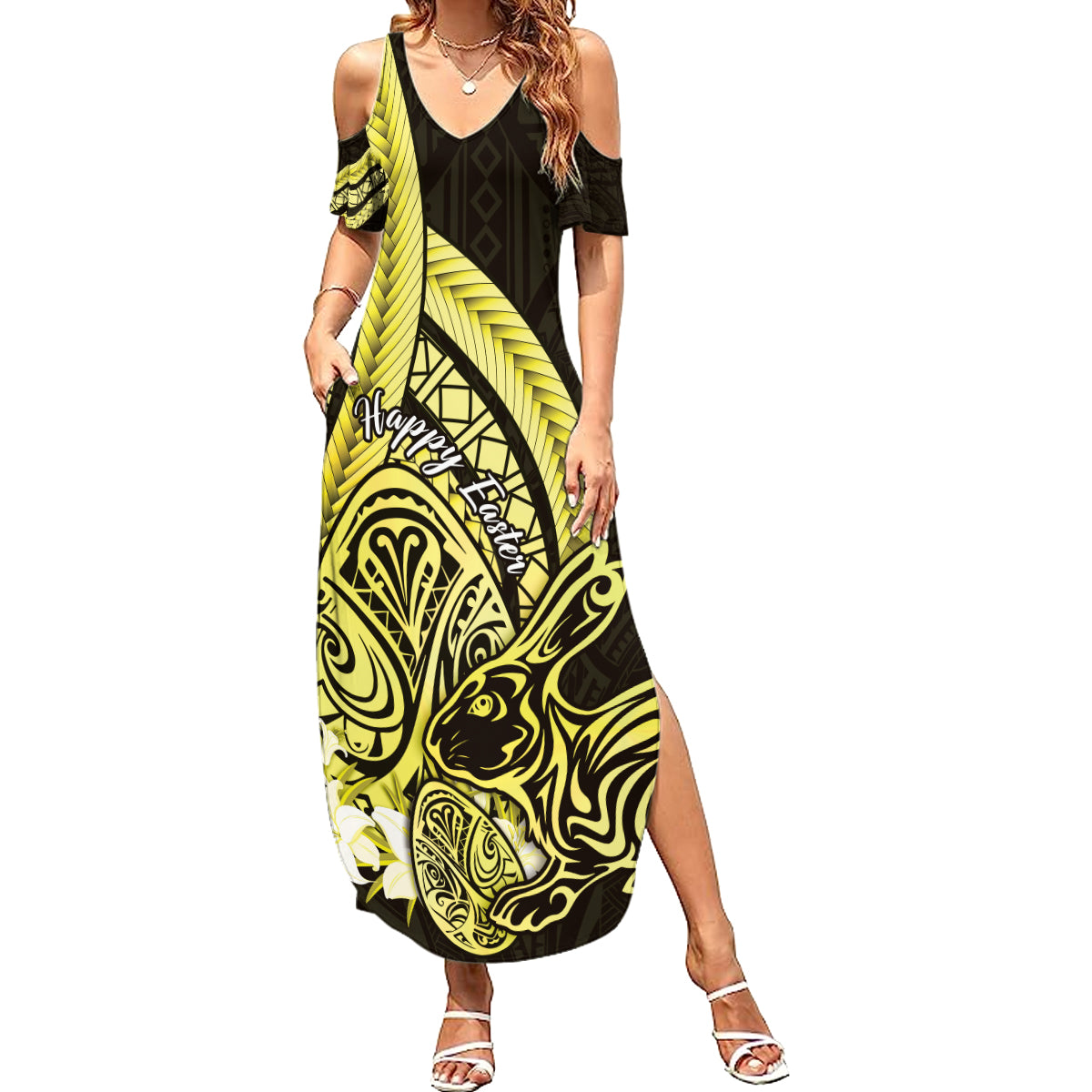 Yellow Polynesia Easter Day Summer Maxi Dress Eggs With Bunny Polynesian Pattern