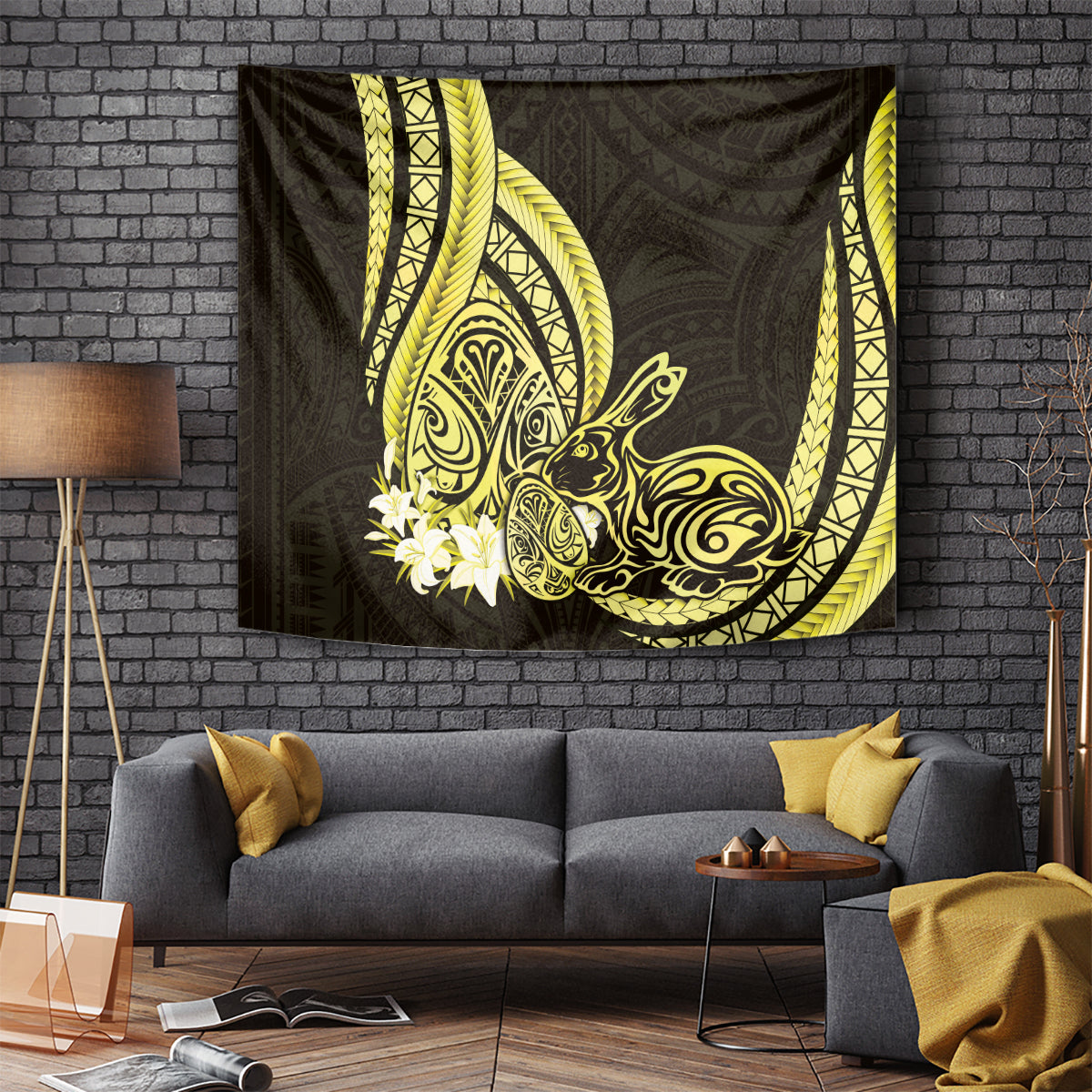 Yellow Polynesia Easter Day Tapestry Eggs With Bunny Polynesian Pattern