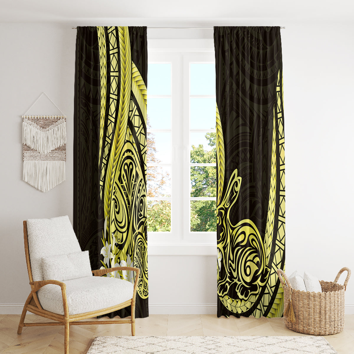 Yellow Polynesia Easter Day Window Curtain Eggs With Bunny Polynesian Pattern