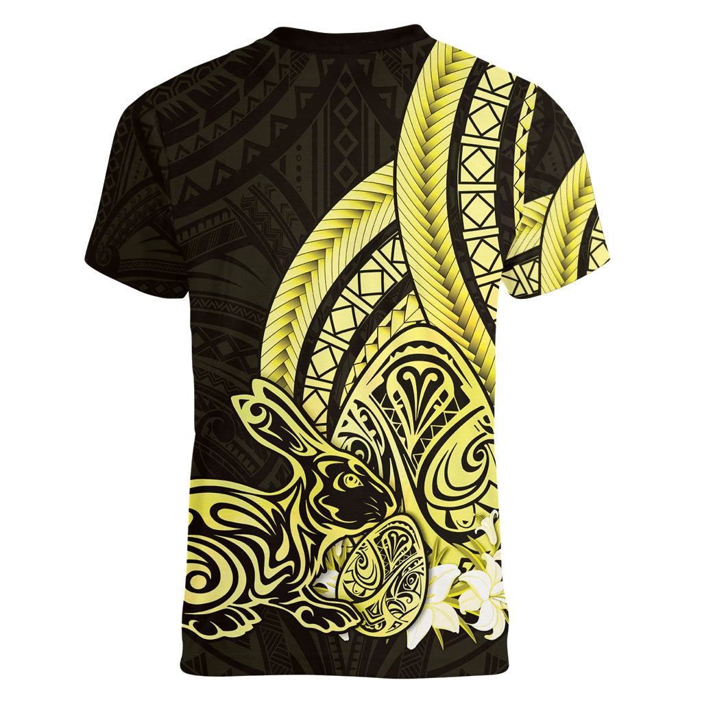 Yellow Polynesia Easter Day Women V Neck T Shirt Eggs With Bunny Polynesian Pattern