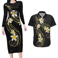 Polynesia Tattoo With Plumeria Couples Matching Long Sleeve Bodycon Dress and Hawaiian Shirt Elegant Vibes