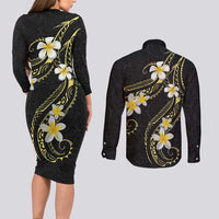 Polynesia Tattoo With Plumeria Couples Matching Long Sleeve Bodycon Dress and Long Sleeve Button Shirt Elegant Vibes