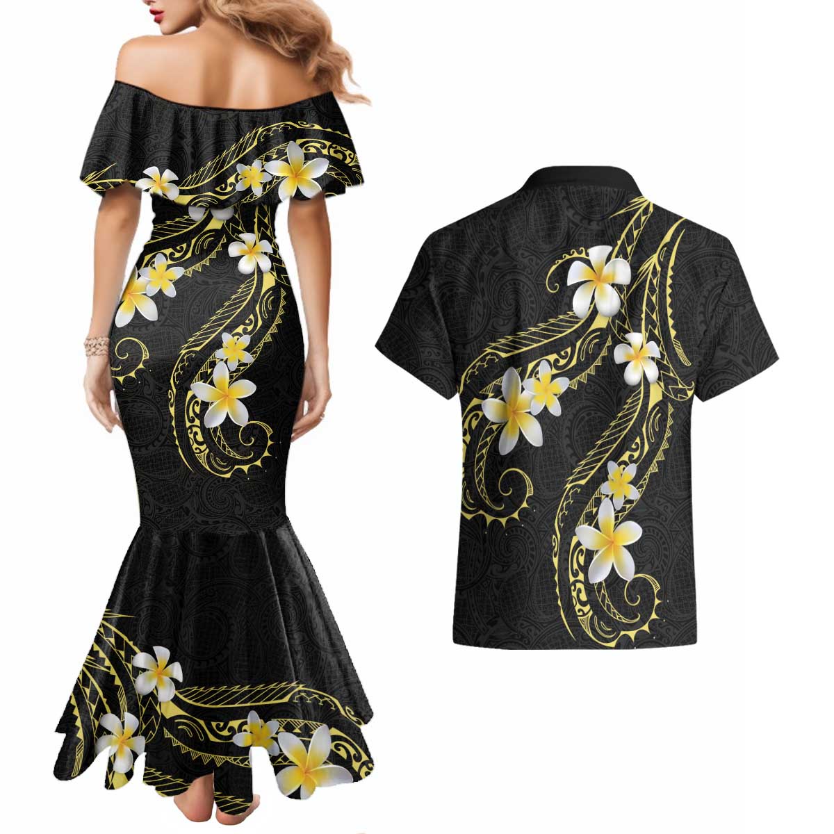 Polynesia Tattoo With Plumeria Couples Matching Mermaid Dress and Hawaiian Shirt Elegant Vibes LT14 - Polynesian Pride