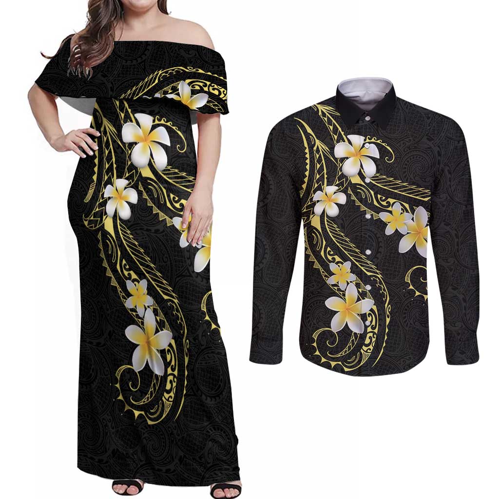 Polynesia Tattoo With Plumeria Couples Matching Off Shoulder Maxi Dress and Long Sleeve Button Shirt Elegant Vibes