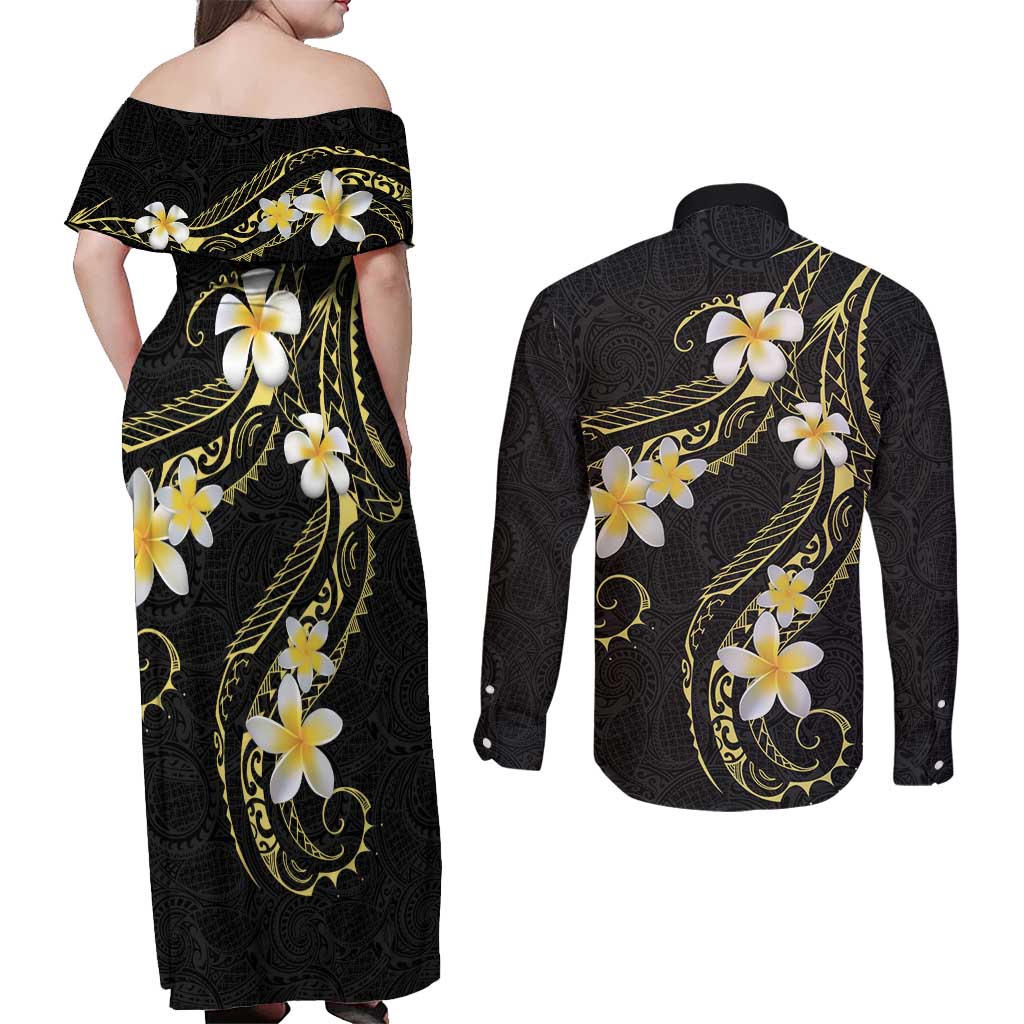 Polynesia Tattoo With Plumeria Couples Matching Off Shoulder Maxi Dress and Long Sleeve Button Shirt Elegant Vibes