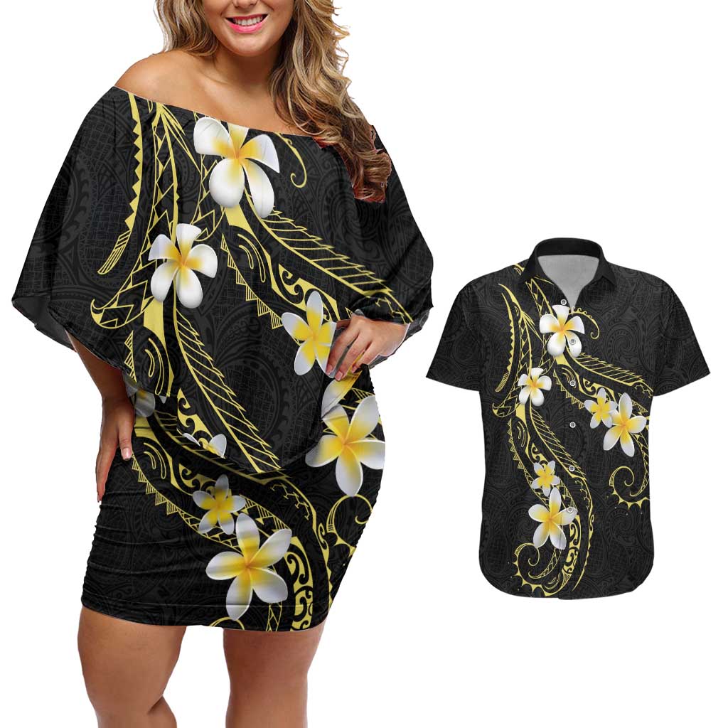 Polynesia Tattoo With Plumeria Couples Matching Off Shoulder Short Dress and Hawaiian Shirt Elegant Vibes