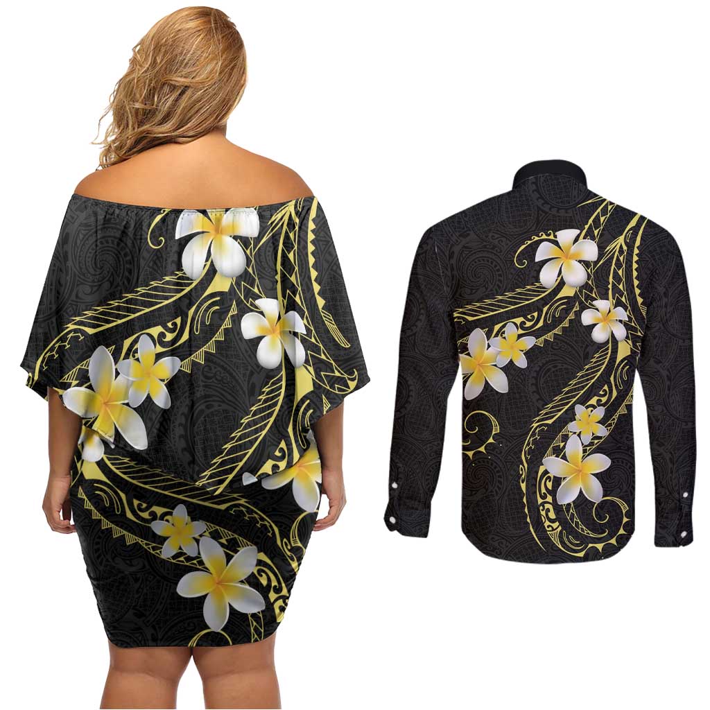 Polynesia Tattoo With Plumeria Couples Matching Off Shoulder Short Dress and Long Sleeve Button Shirt Elegant Vibes