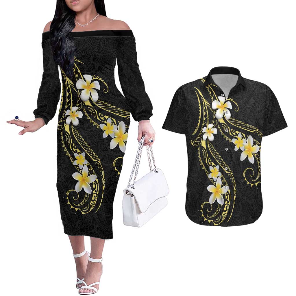 Polynesia Tattoo With Plumeria Couples Matching Off The Shoulder Long Sleeve Dress and Hawaiian Shirt Elegant Vibes