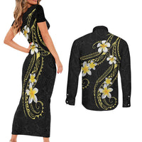 Polynesia Tattoo With Plumeria Couples Matching Short Sleeve Bodycon Dress and Long Sleeve Button Shirt Elegant Vibes