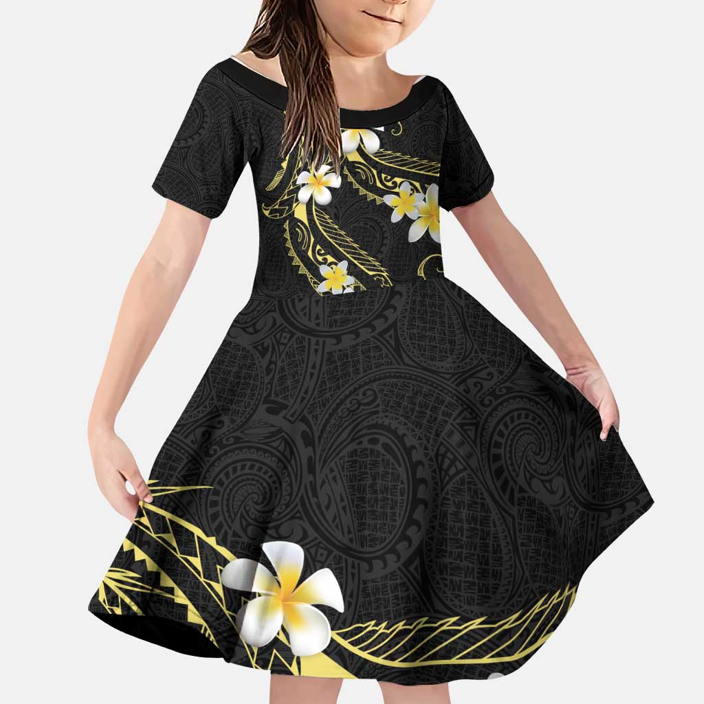 Polynesia Tattoo With Plumeria Family Matching Long Sleeve Bodycon Dress and Hawaiian Shirt Elegant Vibes LT14 Daughter's Dress Black - Polynesian Pride
