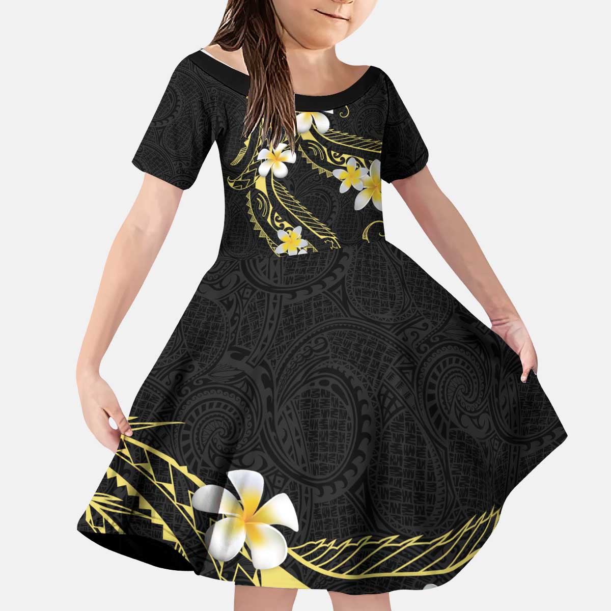 Polynesia Tattoo With Plumeria Kid Short Sleeve Dress Elegant Vibes