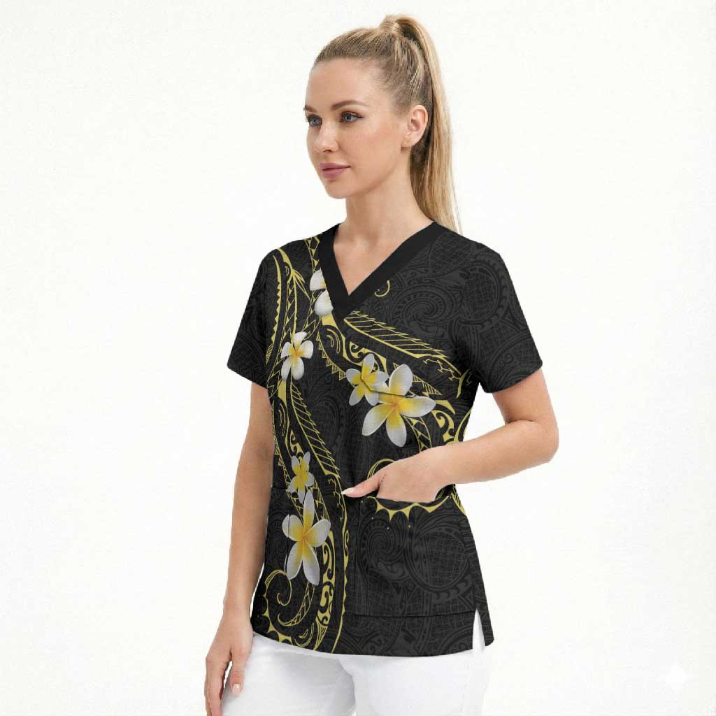 Polynesia Tattoo With Plumeria Scrub Top Elegant Vibes