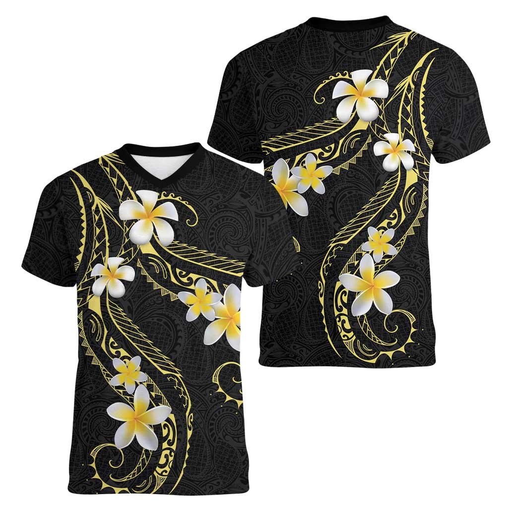 Polynesia Tattoo With Plumeria Women V-Neck T-Shirt Elegant Vibes