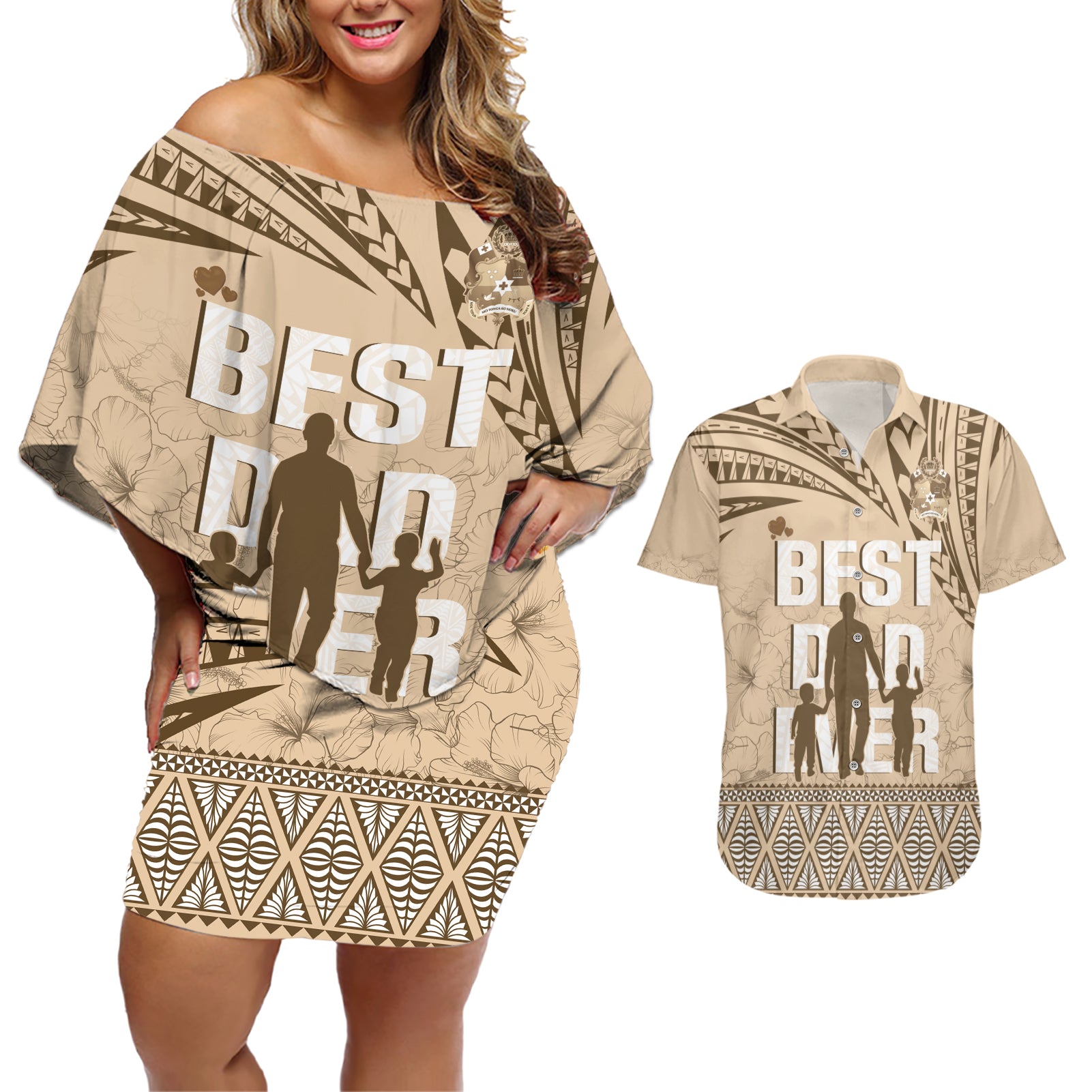 Tonga Father's Day Couples Matching Off Shoulder Short Dress and Hawaiian Shirt Best Dad Ever Tongan Ngatu Pattern - Beige