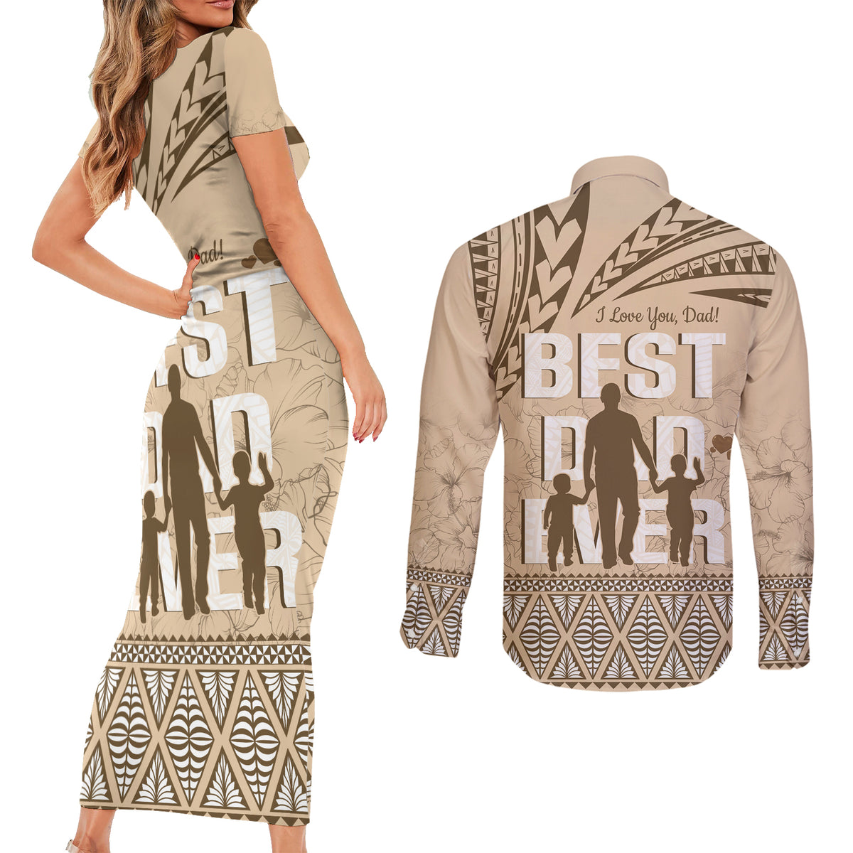 Tonga Father's Day Couples Matching Short Sleeve Bodycon Dress and Long Sleeve Button Shirt Best Dad Ever Tongan Ngatu Pattern - Beige