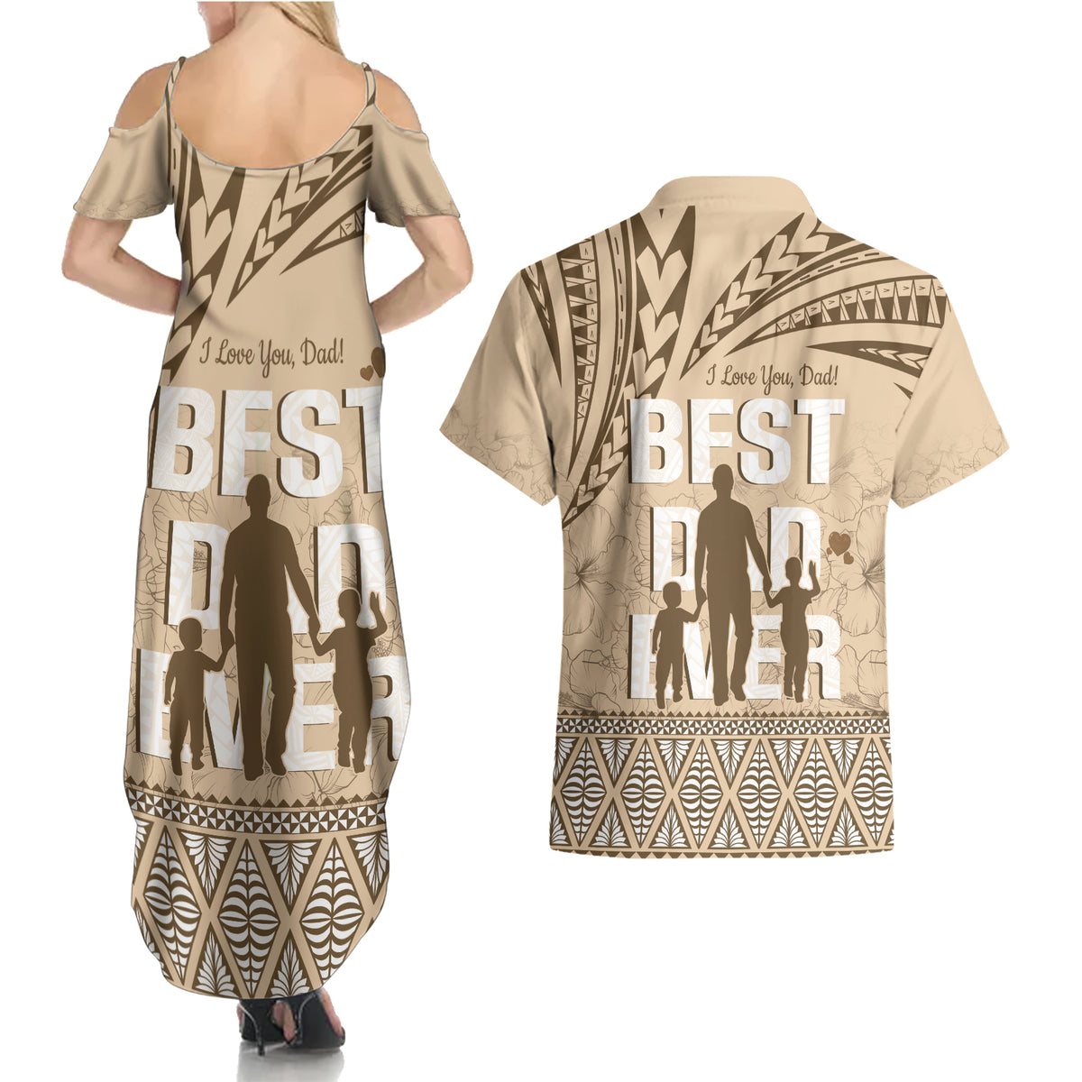 Tonga Father's Day Couples Matching Summer Maxi Dress and Hawaiian Shirt Best Dad Ever Tongan Ngatu Pattern - Beige