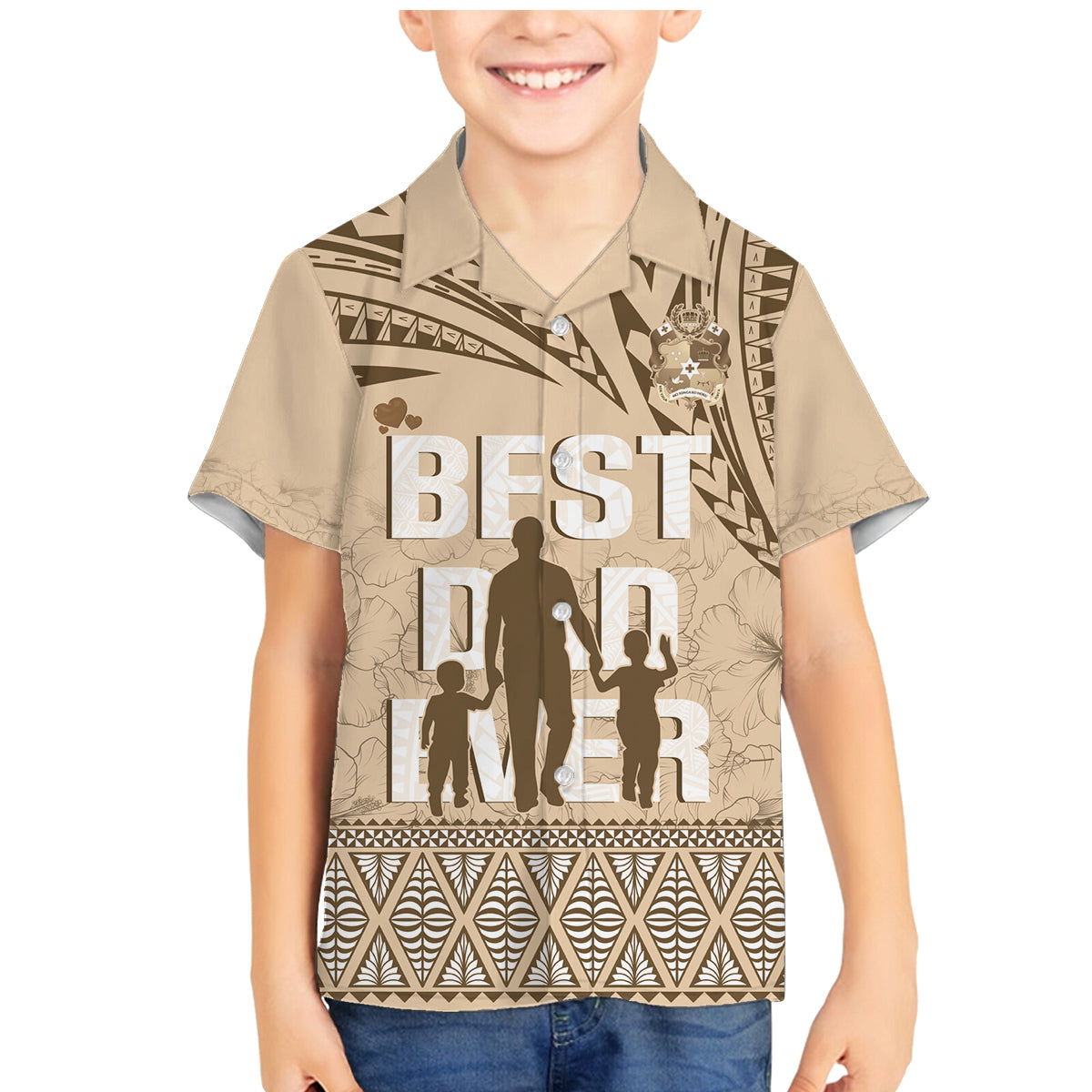 Tonga Father's Day Family Matching Mermaid Dress and Hawaiian Shirt Best Dad Ever Tongan Ngatu Pattern - Beige