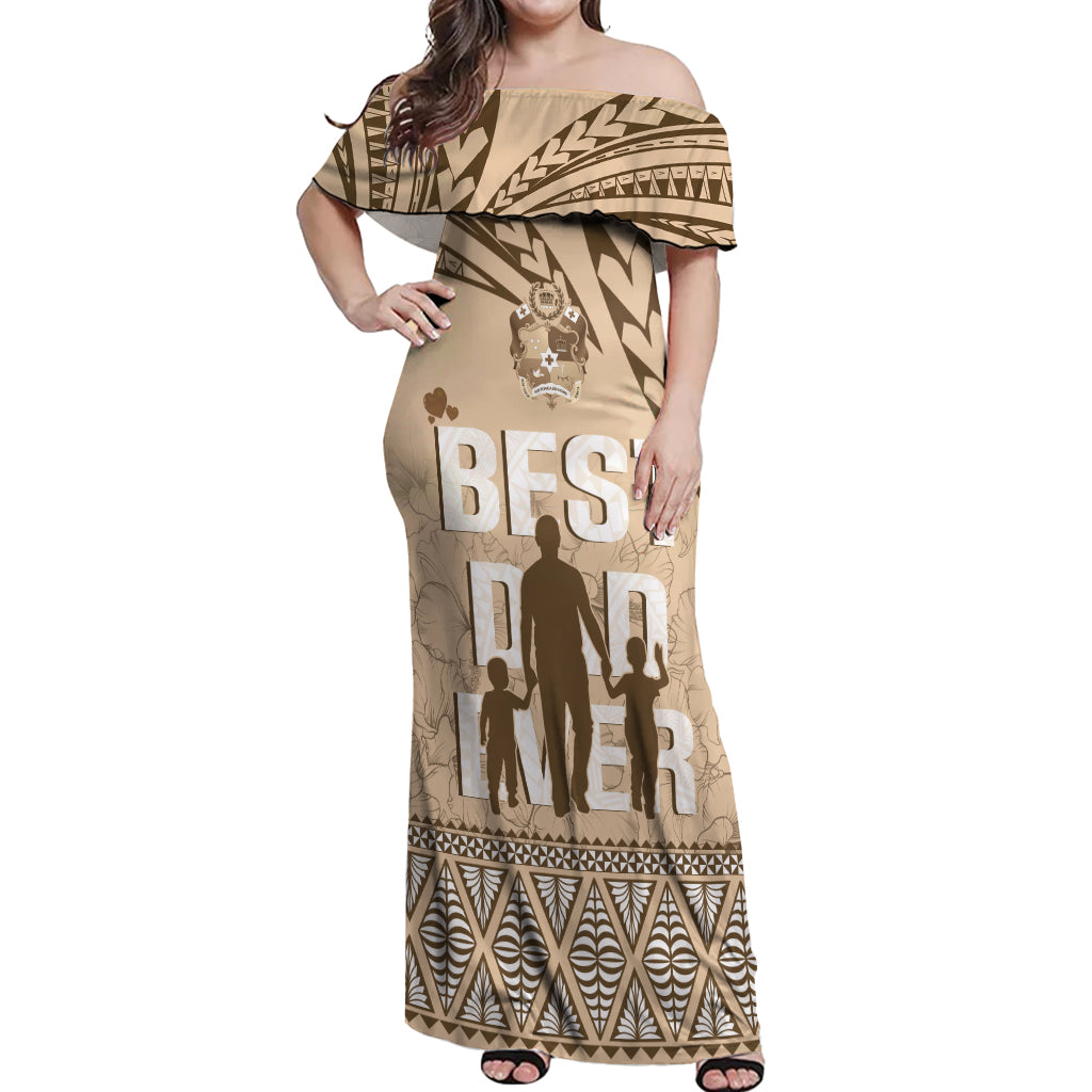 Tonga Father's Day Off Shoulder Maxi Dress Best Dad Ever Tongan Ngatu Pattern - Beige