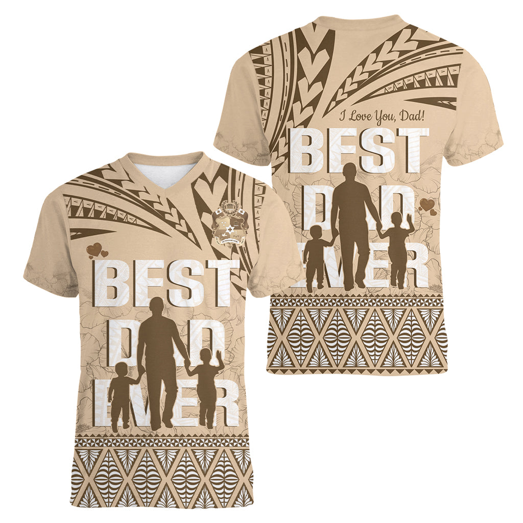 Tonga Father's Day Women V-Neck T-Shirt Best Dad Ever Tongan Ngatu Pattern - Beige