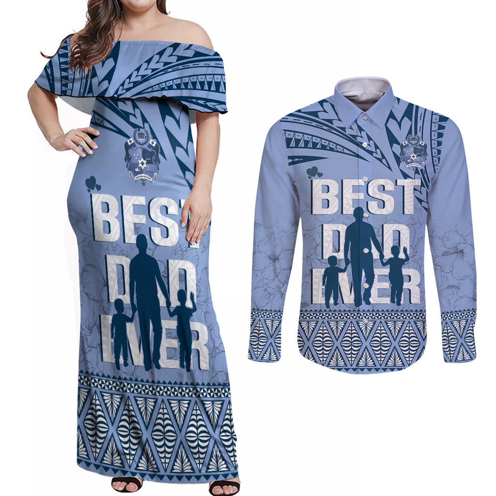 Tonga Father's Day Couples Matching Off Shoulder Maxi Dress and Long Sleeve Button Shirt Best Dad Ever Tongan Ngatu Pattern - Blue