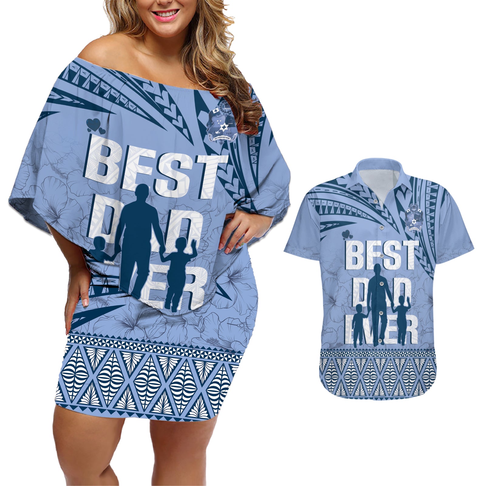 Tonga Father's Day Couples Matching Off Shoulder Short Dress and Hawaiian Shirt Best Dad Ever Tongan Ngatu Pattern - Blue