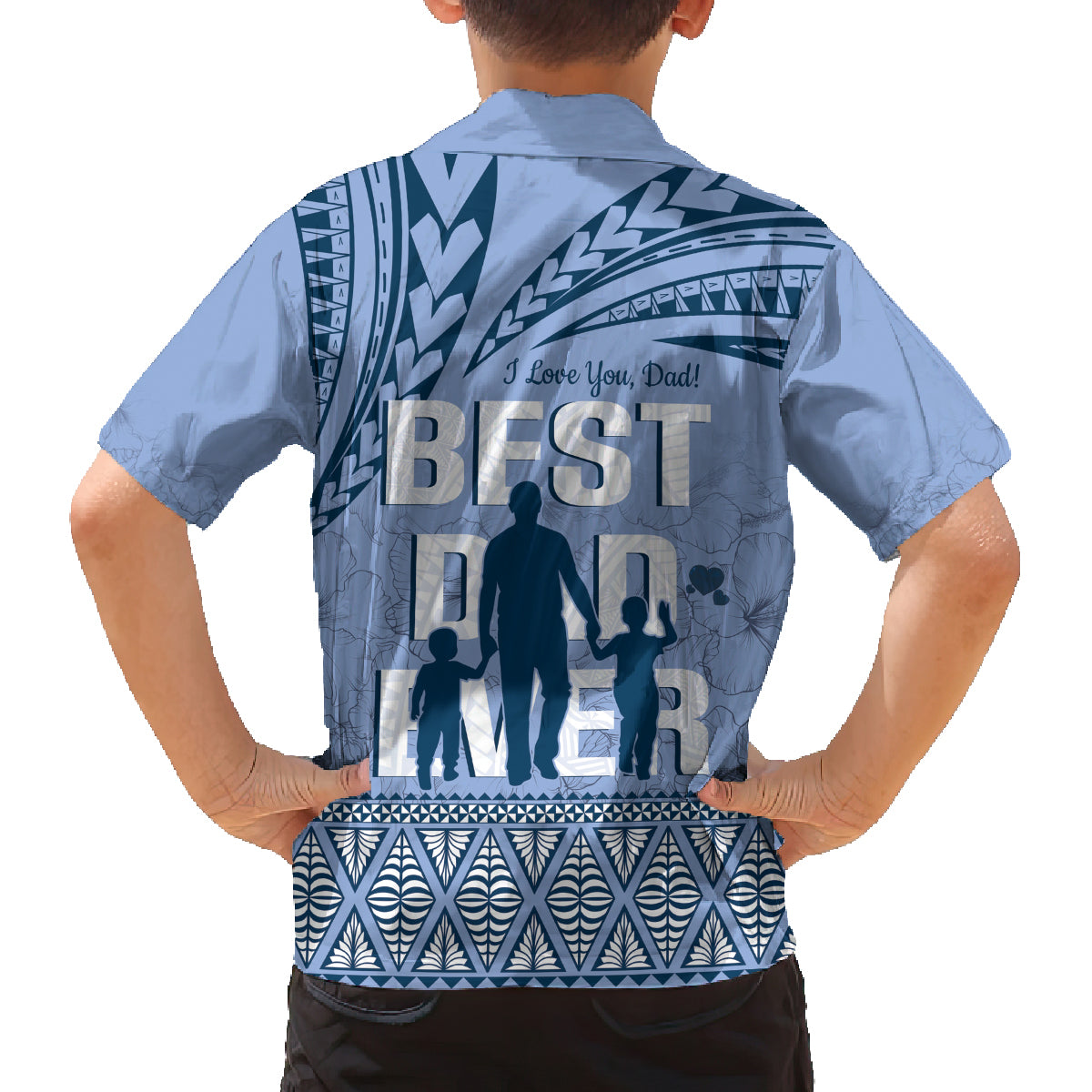 Tonga Father's Day Family Matching Long Sleeve Bodycon Dress and Hawaiian Shirt Best Dad Ever Tongan Ngatu Pattern - Blue LT14 - Polynesian Pride