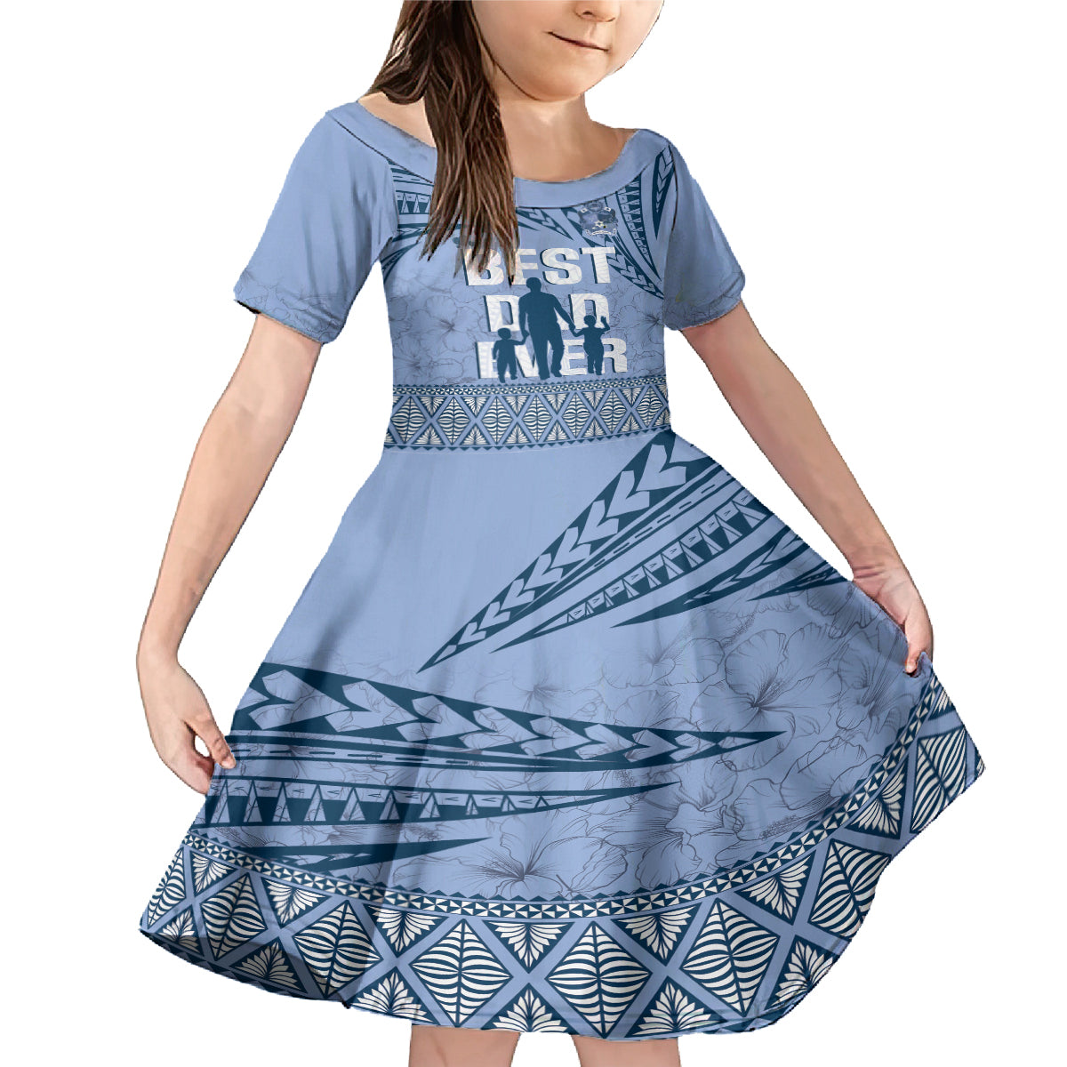 Tonga Father's Day Family Matching Mermaid Dress and Hawaiian Shirt Best Dad Ever Tongan Ngatu Pattern - Blue LT14 Daughter's Dress Blue - Polynesian Pride