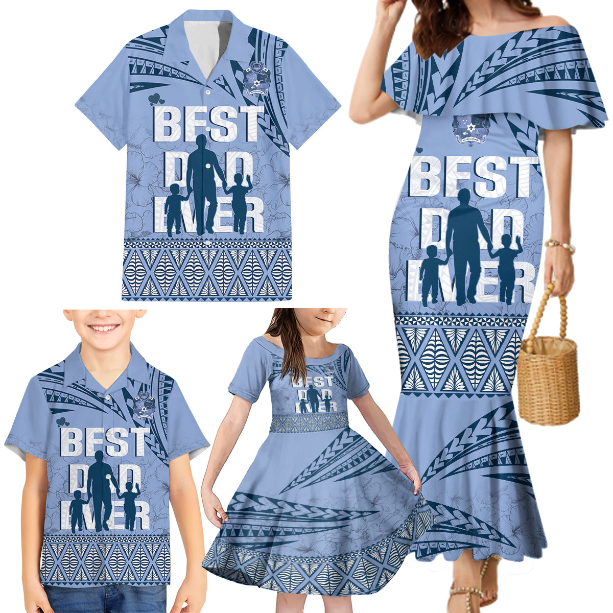 Tonga Father's Day Family Matching Mermaid Dress and Hawaiian Shirt Best Dad Ever Tongan Ngatu Pattern - Blue LT14 - Polynesian Pride