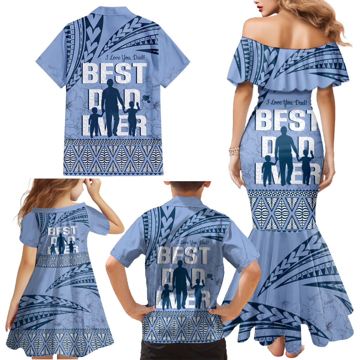 Tonga Father's Day Family Matching Mermaid Dress and Hawaiian Shirt Best Dad Ever Tongan Ngatu Pattern - Blue LT14 - Polynesian Pride