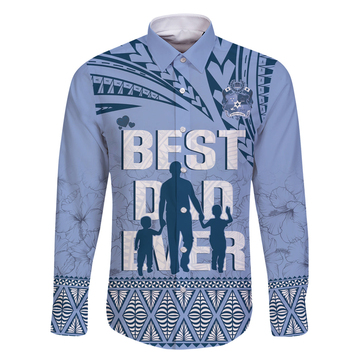 Tonga Father's Day Family Matching Mermaid Dress and Hawaiian Shirt Best Dad Ever Tongan Ngatu Pattern - Blue LT14 Dad's Shirt - Long Sleeve Blue - Polynesian Pride