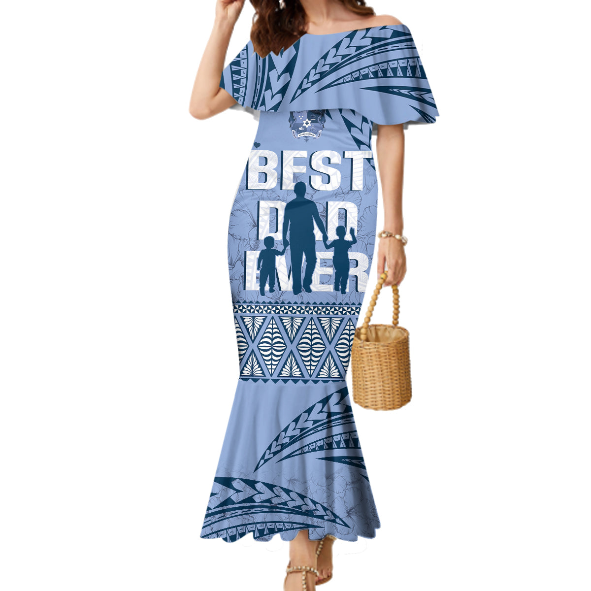 Tonga Father's Day Family Matching Mermaid Dress and Hawaiian Shirt Best Dad Ever Tongan Ngatu Pattern - Blue LT14 Mom's Dress Blue - Polynesian Pride