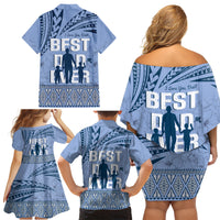 Tonga Father's Day Family Matching Off Shoulder Short Dress and Hawaiian Shirt Best Dad Ever Tongan Ngatu Pattern - Blue