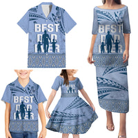 Tonga Father's Day Family Matching Puletasi and Hawaiian Shirt Best Dad Ever Tongan Ngatu Pattern - Blue