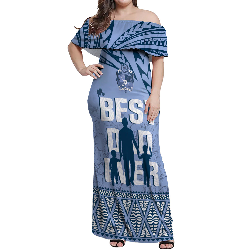 Tonga Father's Day Off Shoulder Maxi Dress Best Dad Ever Tongan Ngatu Pattern - Blue