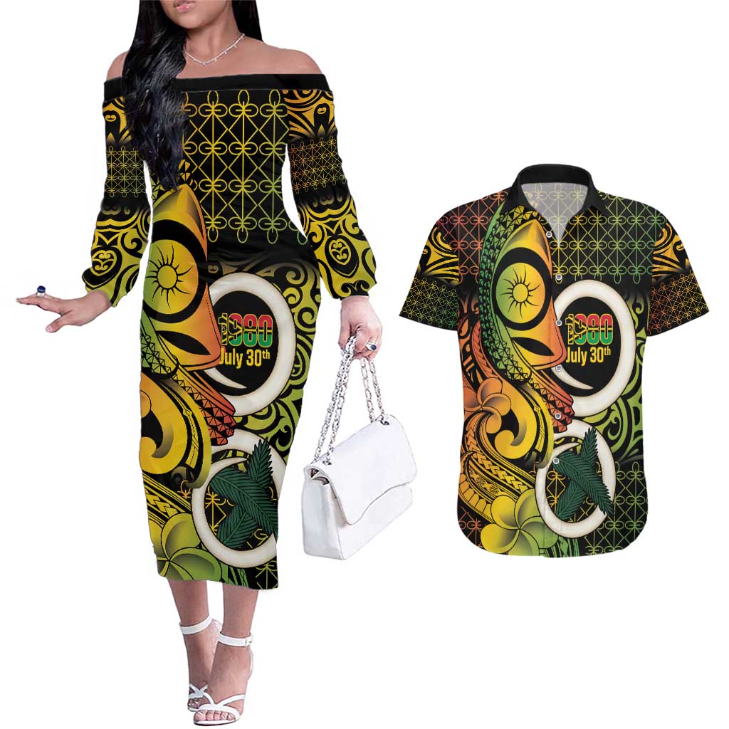 Vanuatu 1980 Couples Matching Off The Shoulder Long Sleeve Dress and Hawaiian Shirt Ni-Van Tamtam Sand Drawing Pattern