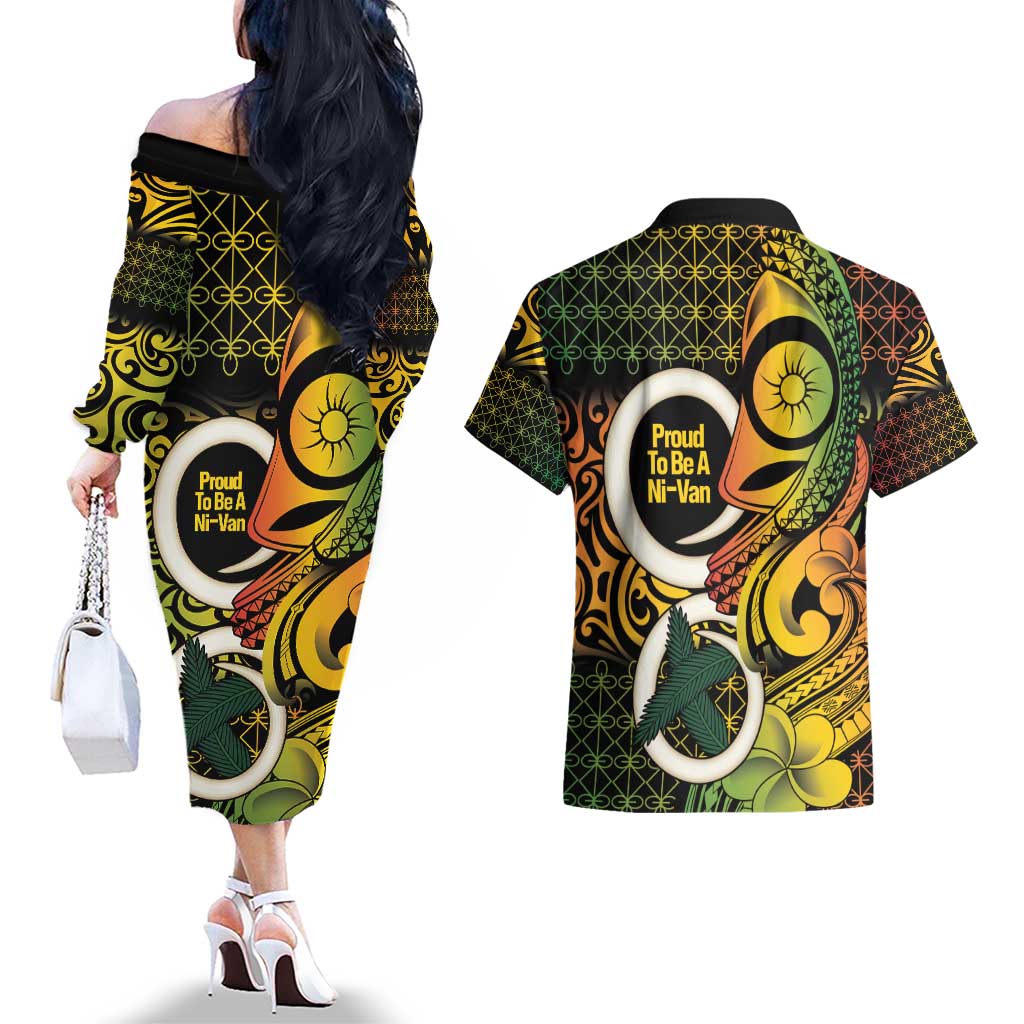 Vanuatu 1980 Couples Matching Off The Shoulder Long Sleeve Dress and Hawaiian Shirt Ni-Van Tamtam Sand Drawing Pattern