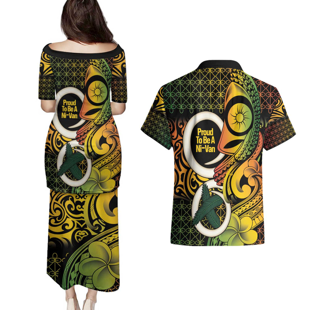 Vanuatu 1980 Couples Matching Puletasi and Hawaiian Shirt Ni-Van Tamtam Sand Drawing Pattern