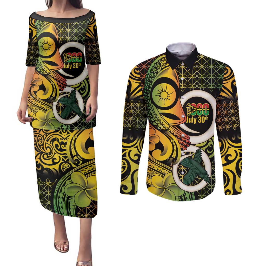 Vanuatu 1980 Couples Matching Puletasi and Long Sleeve Button Shirt Ni-Van Tamtam Sand Drawing Pattern