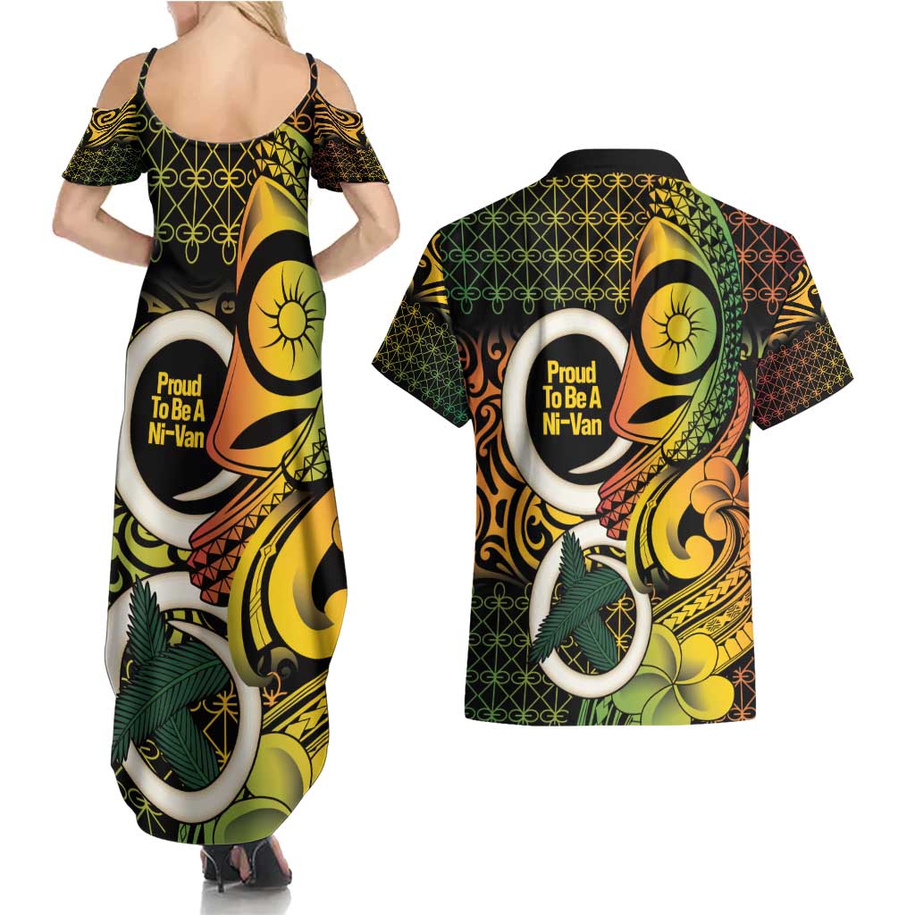 Vanuatu 1980 Couples Matching Summer Maxi Dress and Hawaiian Shirt Ni-Van Tamtam Sand Drawing Pattern LT14 - Polynesian Pride