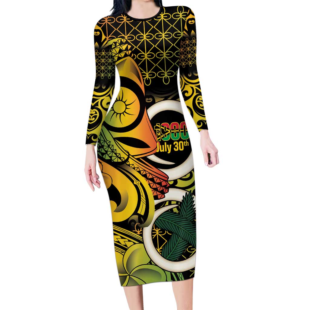 Vanuatu 1980 Family Matching Long Sleeve Bodycon Dress and Hawaiian Shirt Ni-Van Tamtam Sand Drawing Pattern LT14 Mom's Dress Black - Polynesian Pride