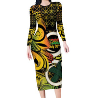 Vanuatu 1980 Family Matching Long Sleeve Bodycon Dress and Hawaiian Shirt Ni-Van Tamtam Sand Drawing Pattern LT14 Mom's Dress Black - Polynesian Pride