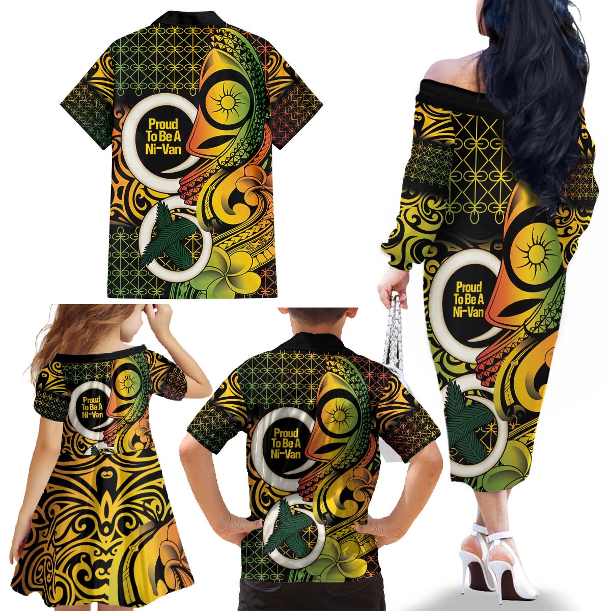 Vanuatu 1980 Family Matching Off The Shoulder Long Sleeve Dress and Hawaiian Shirt Ni-Van Tamtam Sand Drawing Pattern LT14 - Polynesian Pride