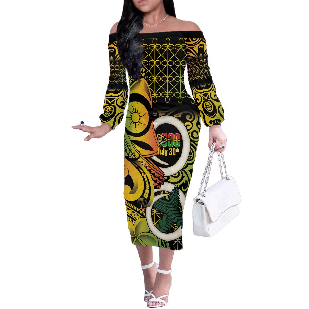 Vanuatu 1980 Family Matching Off The Shoulder Long Sleeve Dress and Hawaiian Shirt Ni-Van Tamtam Sand Drawing Pattern LT14 Mom's Dress Black - Polynesian Pride