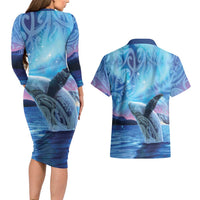 New Zealand Matariki Humpback Whale Couples Matching Long Sleeve Bodycon Dress and Hawaiian Shirt Paikea Maori New Year Blue Galaxy LT14 - Polynesian Pride